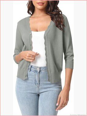 Lightweight V-Neck Cropped Cardigan 3/4 Sleeve Knit Open Front